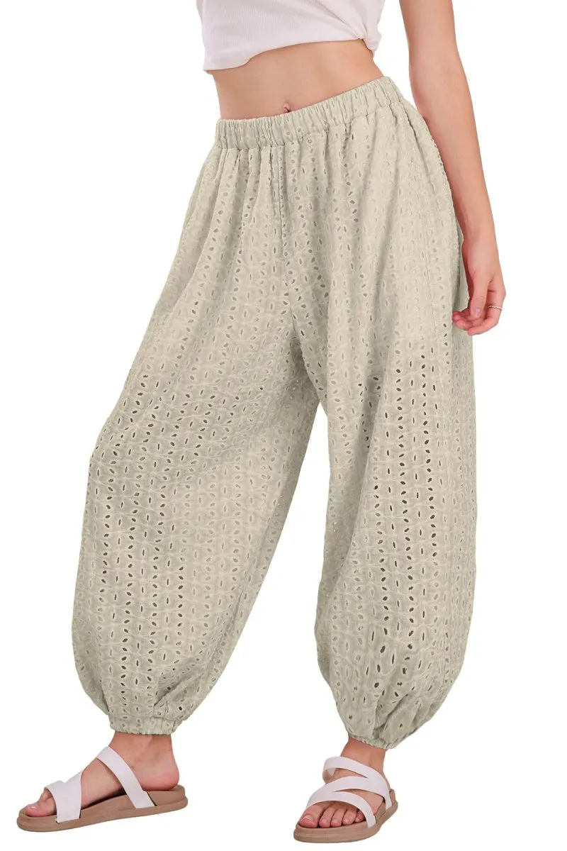 Chouyatou Womens Eyelet Lace Beach Palazzo Harem Pants Casual Loose Embroidery High Waist Cotton Trousers with Pockets