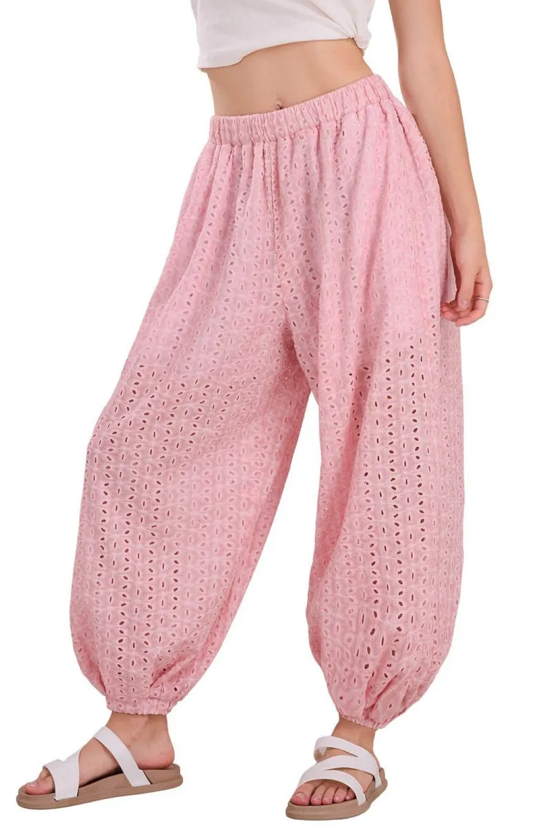 Chouyatou Womens Eyelet Lace Beach Palazzo Harem Pants Casual Loose Embroidery High Waist Cotton Trousers with Pockets