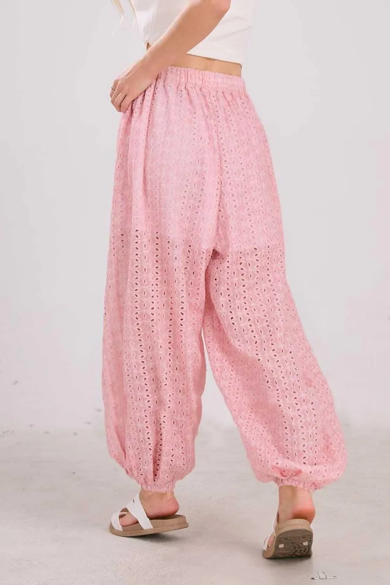 Chouyatou Womens Eyelet Lace Beach Palazzo Harem Pants Casual Loose Embroidery High Waist Cotton Trousers with Pockets