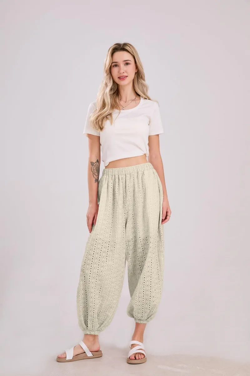 Chouyatou Womens Eyelet Lace Beach Palazzo Harem Pants Casual Loose Embroidery High Waist Cotton Trousers with Pockets