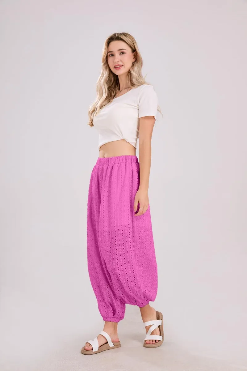 Chouyatou Womens Eyelet Lace Beach Palazzo Harem Pants Casual Loose Embroidery High Waist Cotton Trousers with Pockets