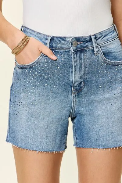 Christina Judy Blue Full Size High Waist Rhinestone Decor Denim Shorts