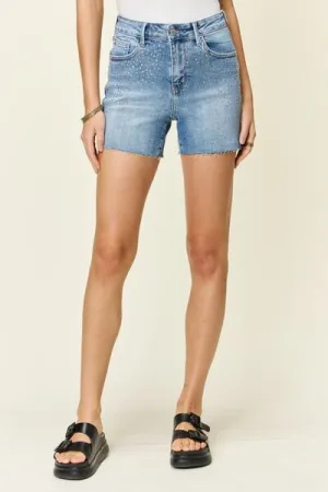Christina Judy Blue Full Size High Waist Rhinestone Decor Denim Shorts