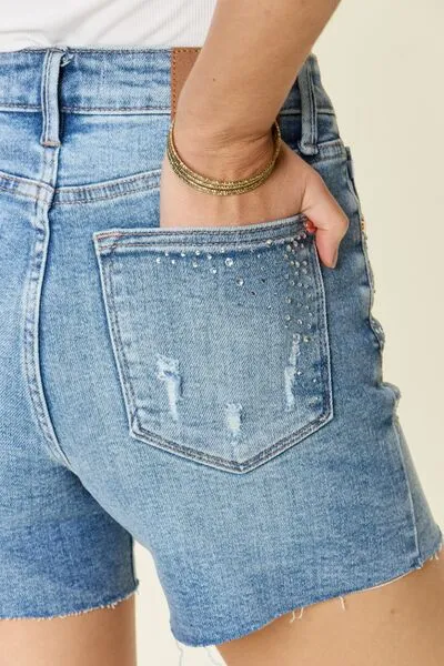 Christina Judy Blue Full Size High Waist Rhinestone Decor Denim Shorts