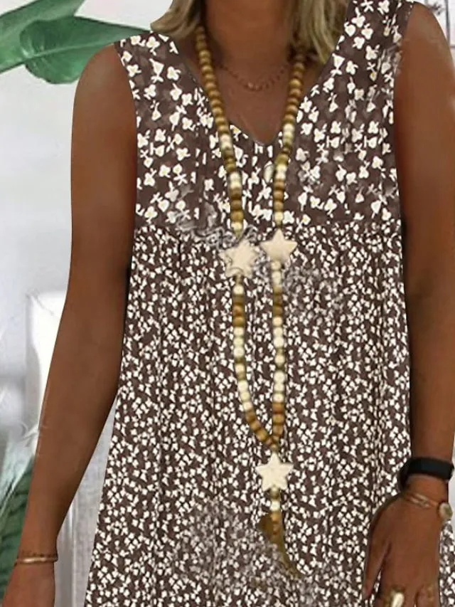 CityHottie - Women's Casual Dress Shift Dress Midi Dress Brown Sleeveless Floral Print Spring Summer V Neck Basic Daily Weekend 2024 S M L XL XXL 3XL