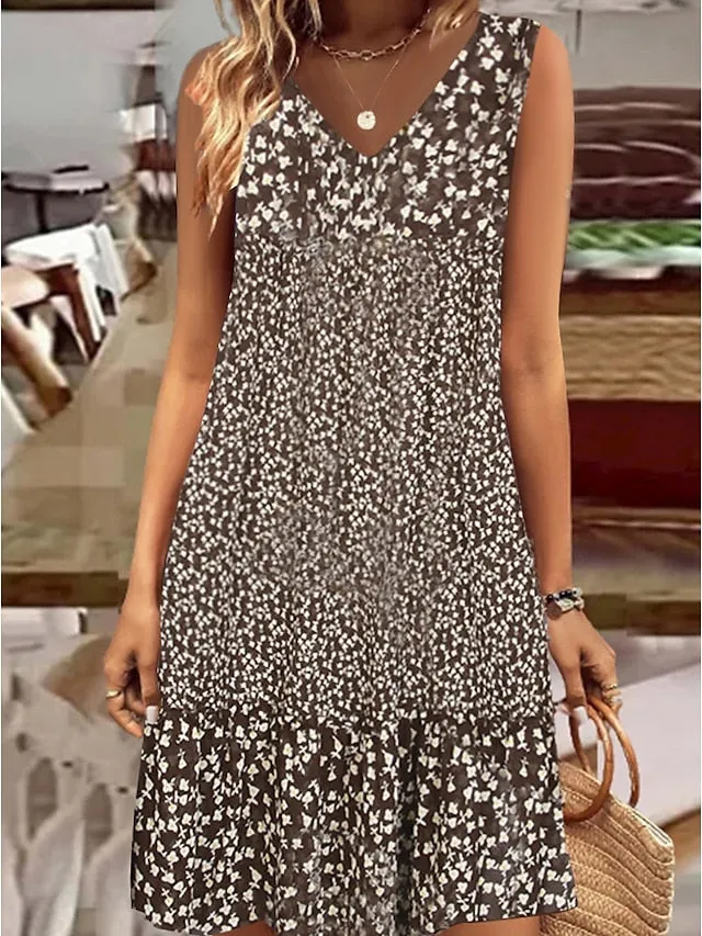 CityHottie - Women's Casual Dress Shift Dress Midi Dress Brown Sleeveless Floral Print Spring Summer V Neck Basic Daily Weekend 2024 S M L XL XXL 3XL