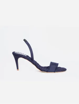 Claudia Vegan Cotton High-Heeled Slingback Sandals | Navy Grosgrain