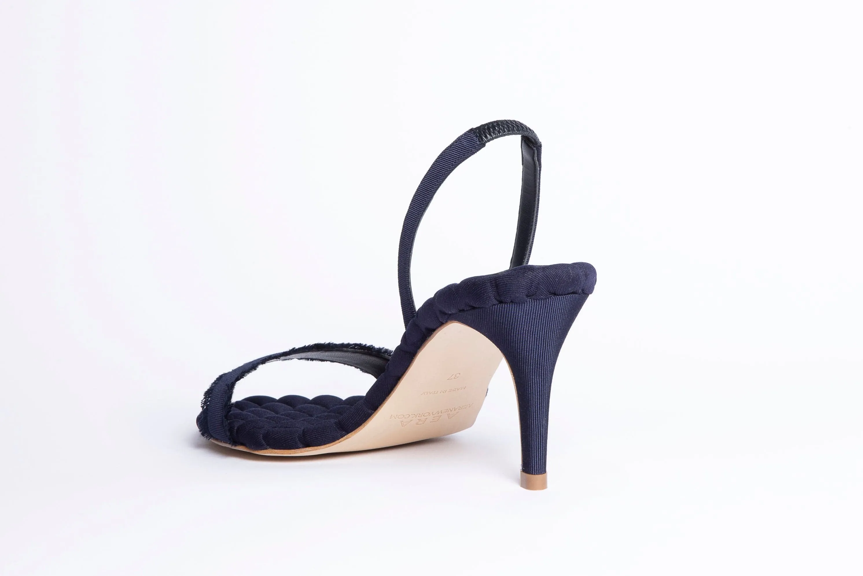 Claudia Vegan Cotton High-Heeled Slingback Sandals | Navy Grosgrain