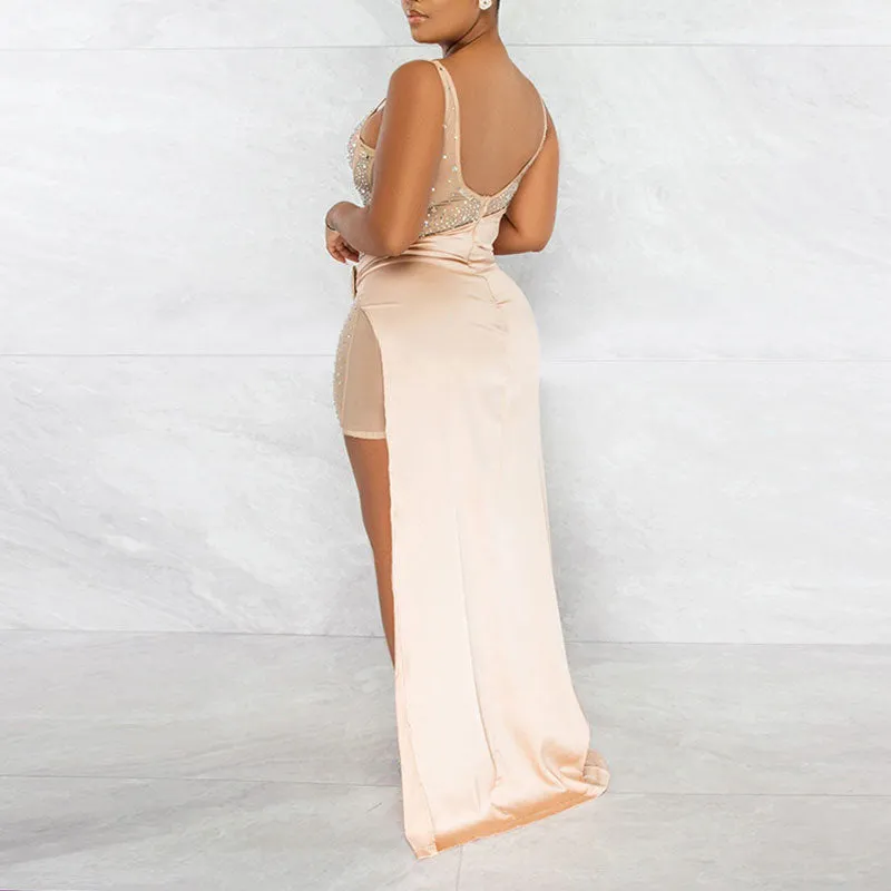 Colorblock Rhinestone Sleeveless High Slit Maxi Dress