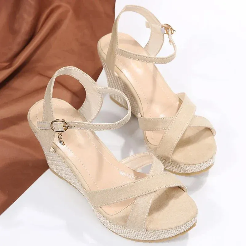 Crisscross Strap Wedge Sandals with Ankle Buckle Closure