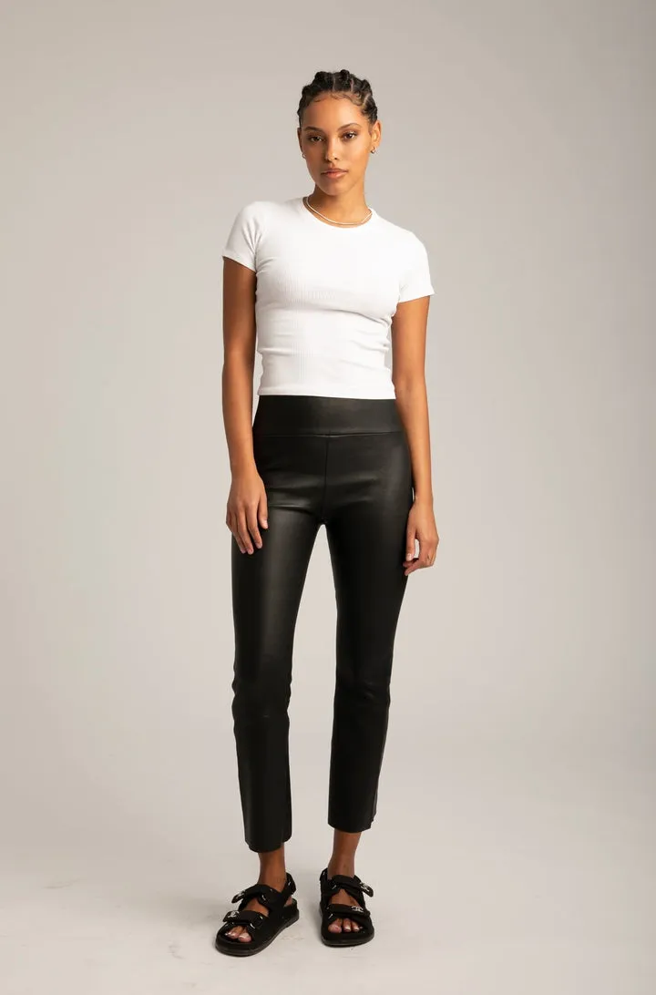 Cropped Flare Leather Leggings in Black
