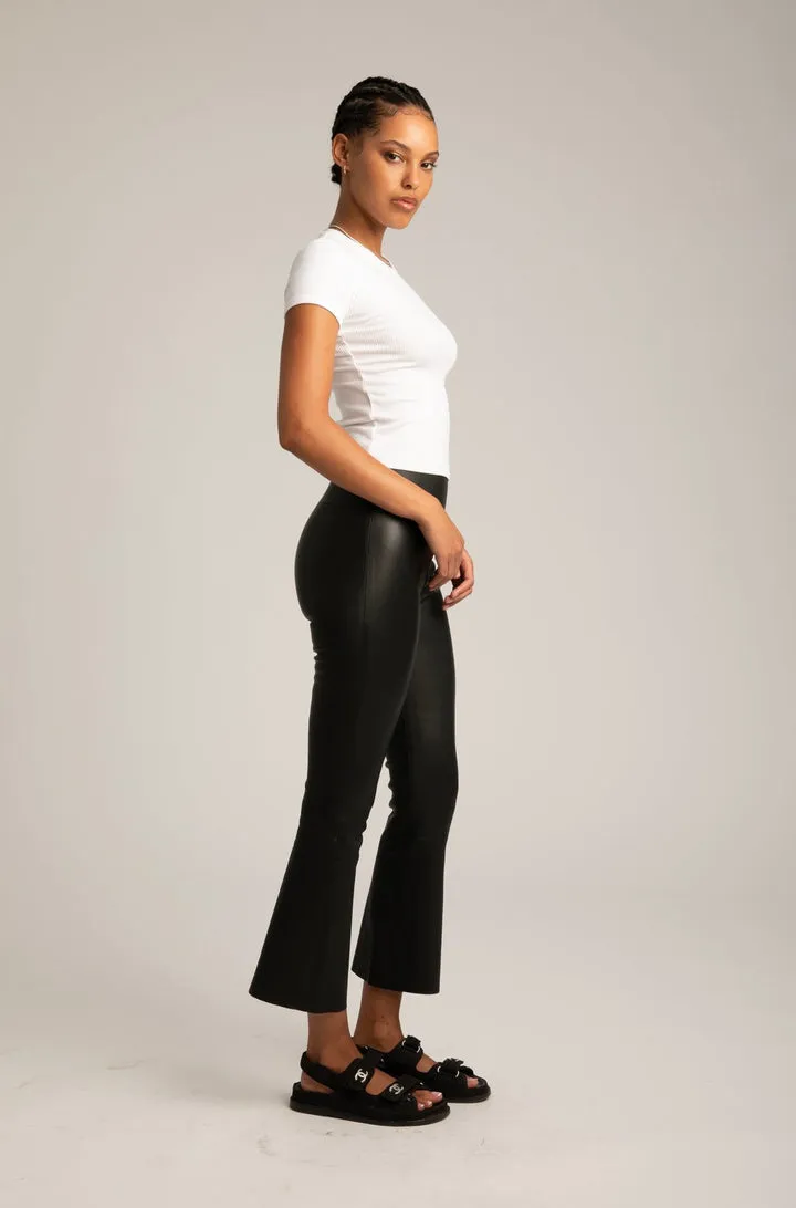 Cropped Flare Leather Leggings in Black