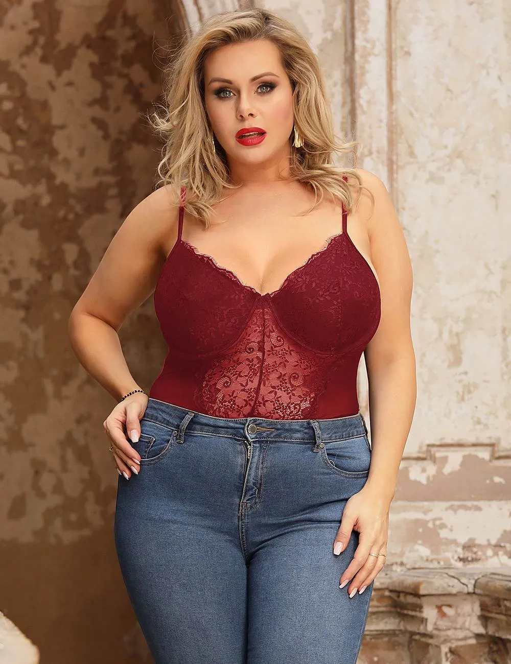 Crotch Open Red & Black High Quality Lace Splicing Sexy Teddy With Underwire