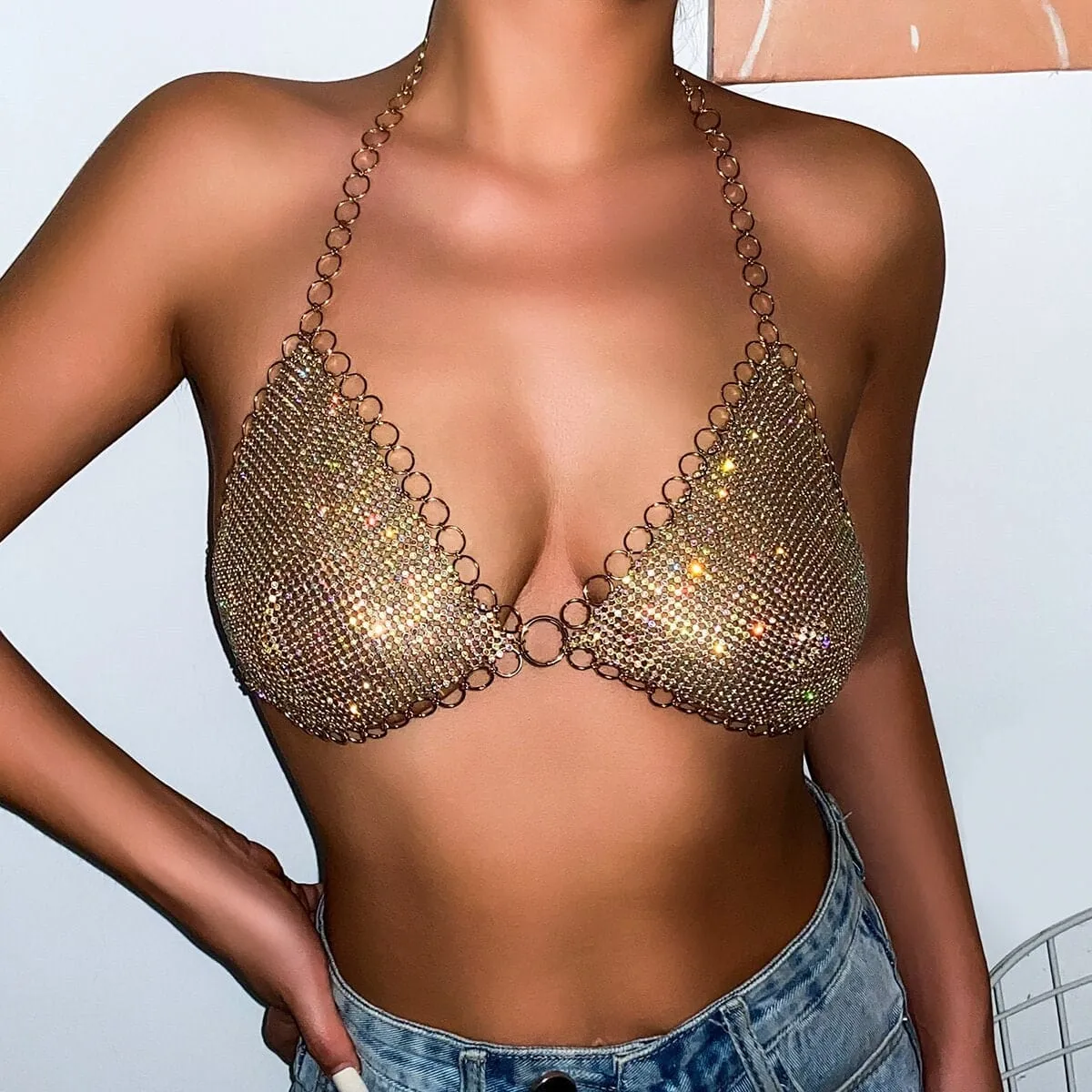 Crystal Body Chain Bra with Rhinestone Inlay - 18k Gold Silver Plated