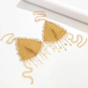 Crystal Body Chain Bra with Rhinestone Inlay and Tassel Detail - 18k Gold Silver Plated