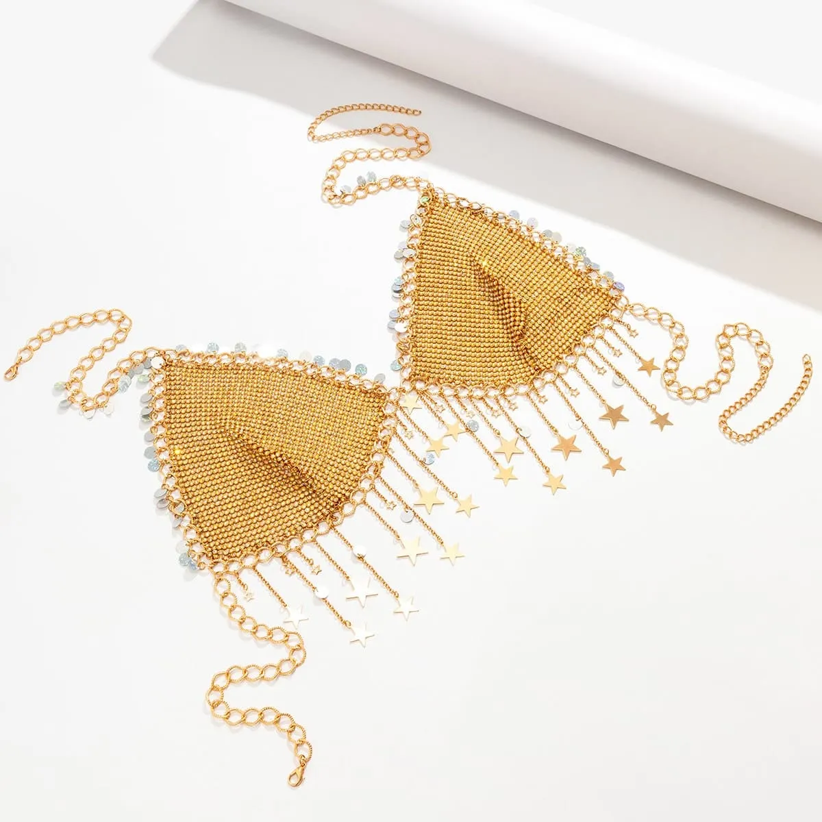 Crystal Body Chain Bra with Rhinestone Inlay and Tassel Detail - 18k Gold Silver Plated