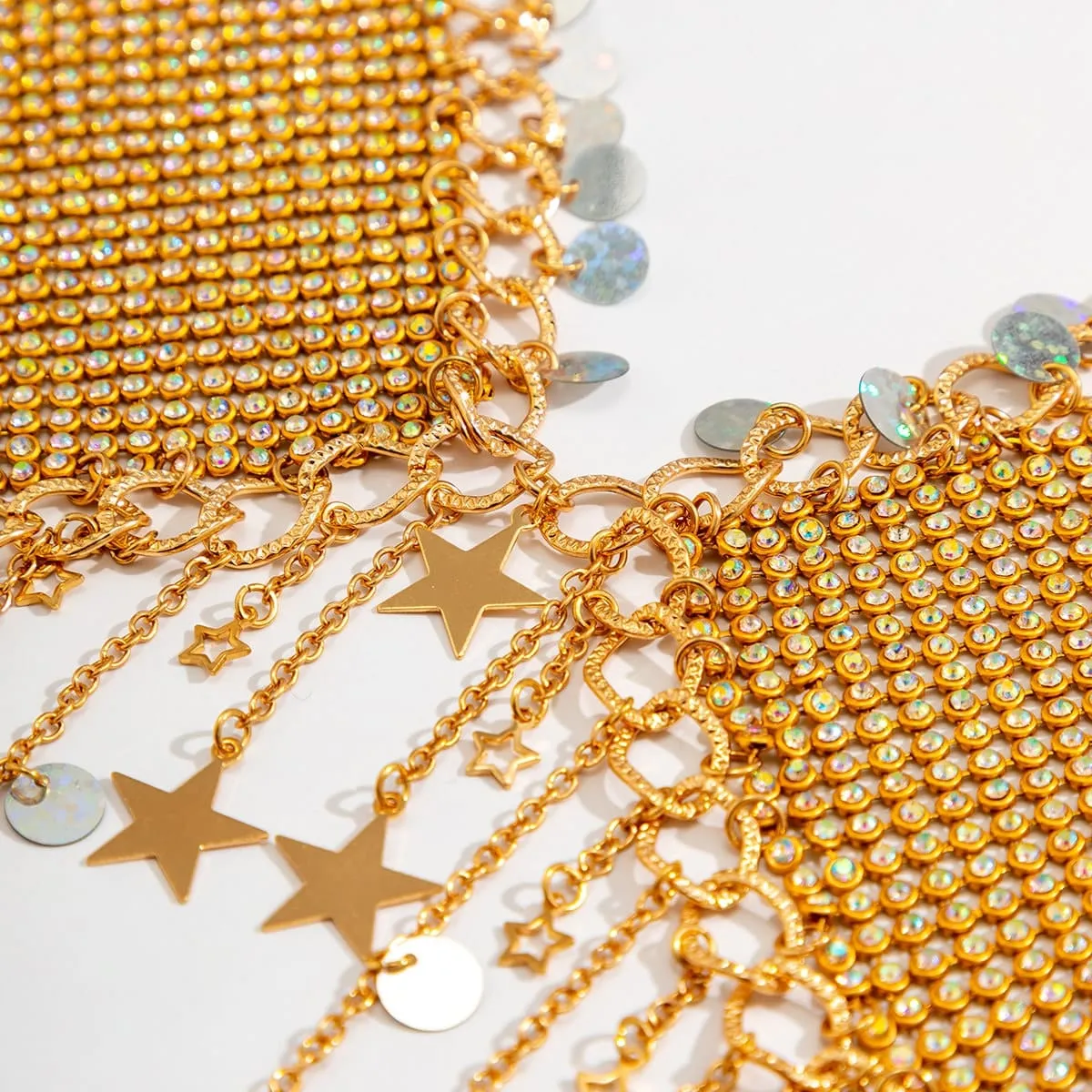 Crystal Body Chain Bra with Rhinestone Inlay and Tassel Detail - 18k Gold Silver Plated