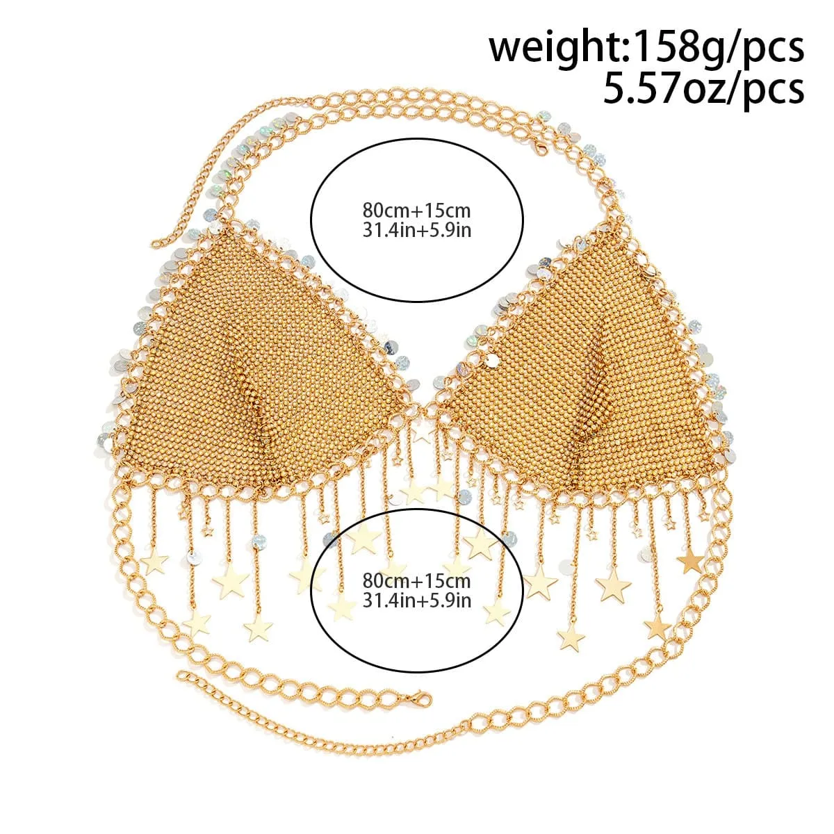 Crystal Body Chain Bra with Rhinestone Inlay and Tassel Detail - 18k Gold Silver Plated