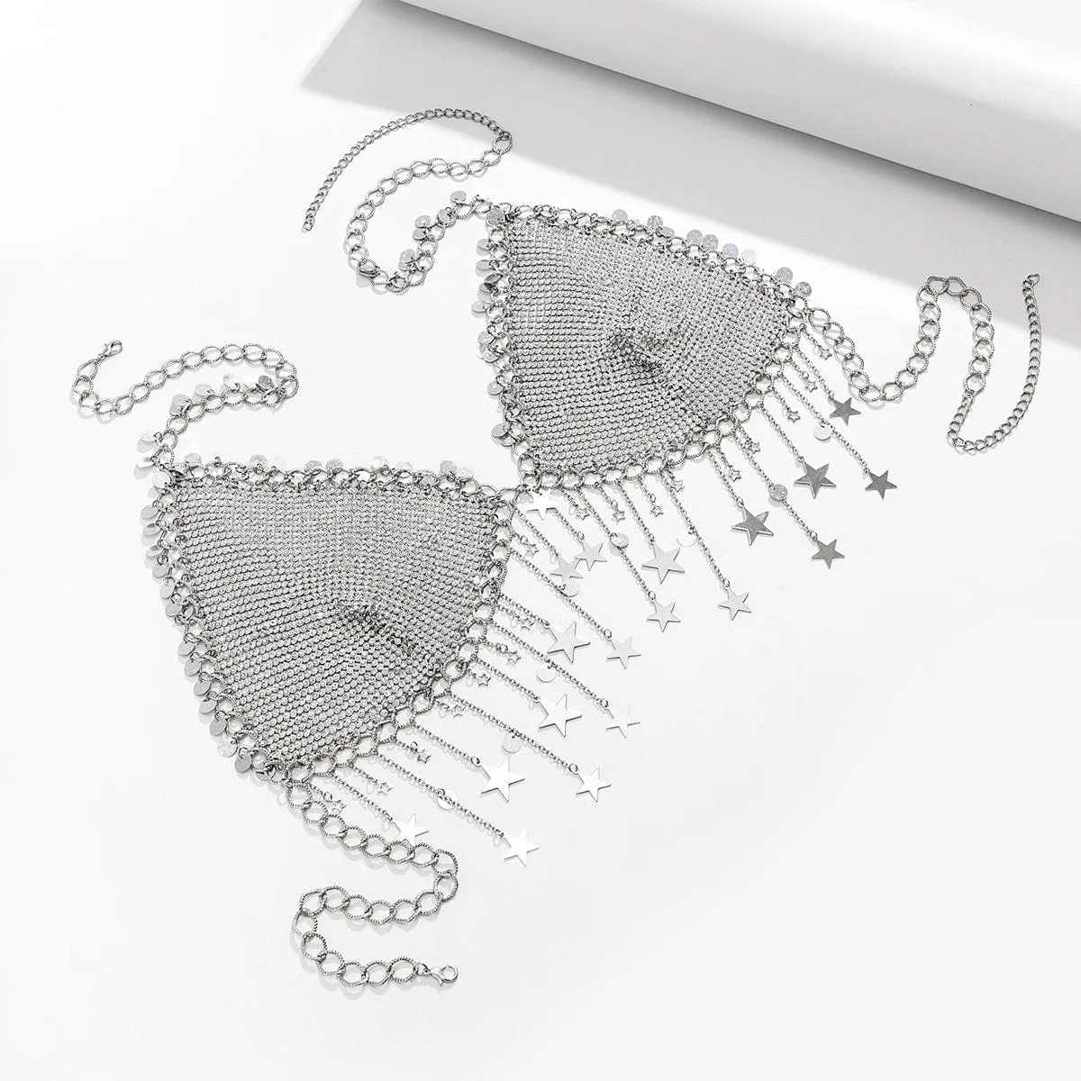 Crystal Body Chain Bra with Rhinestone Inlay and Tassel Detail - 18k Gold Silver Plated