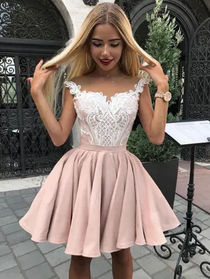Cute lace short pink prom dress, pink lace homecoming dress