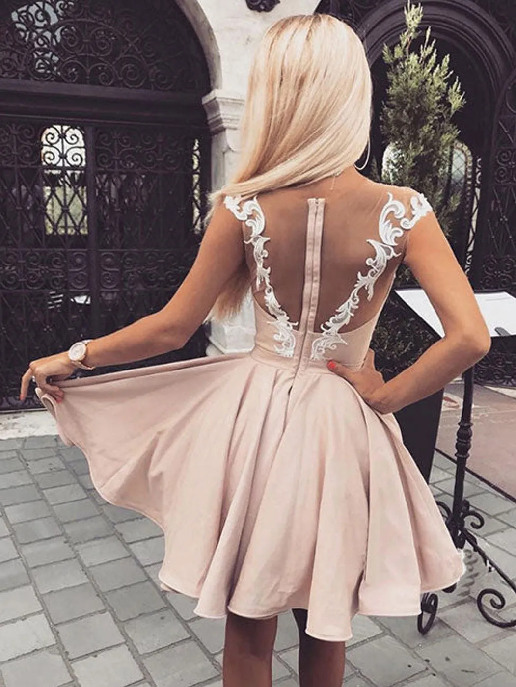 Cute lace short pink prom dress, pink lace homecoming dress