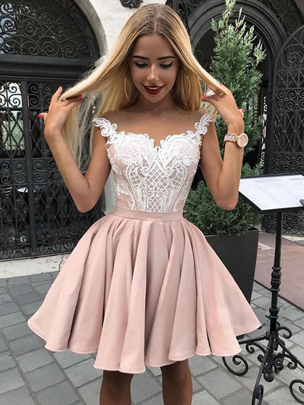 Cute lace short pink prom dress, pink lace homecoming dress