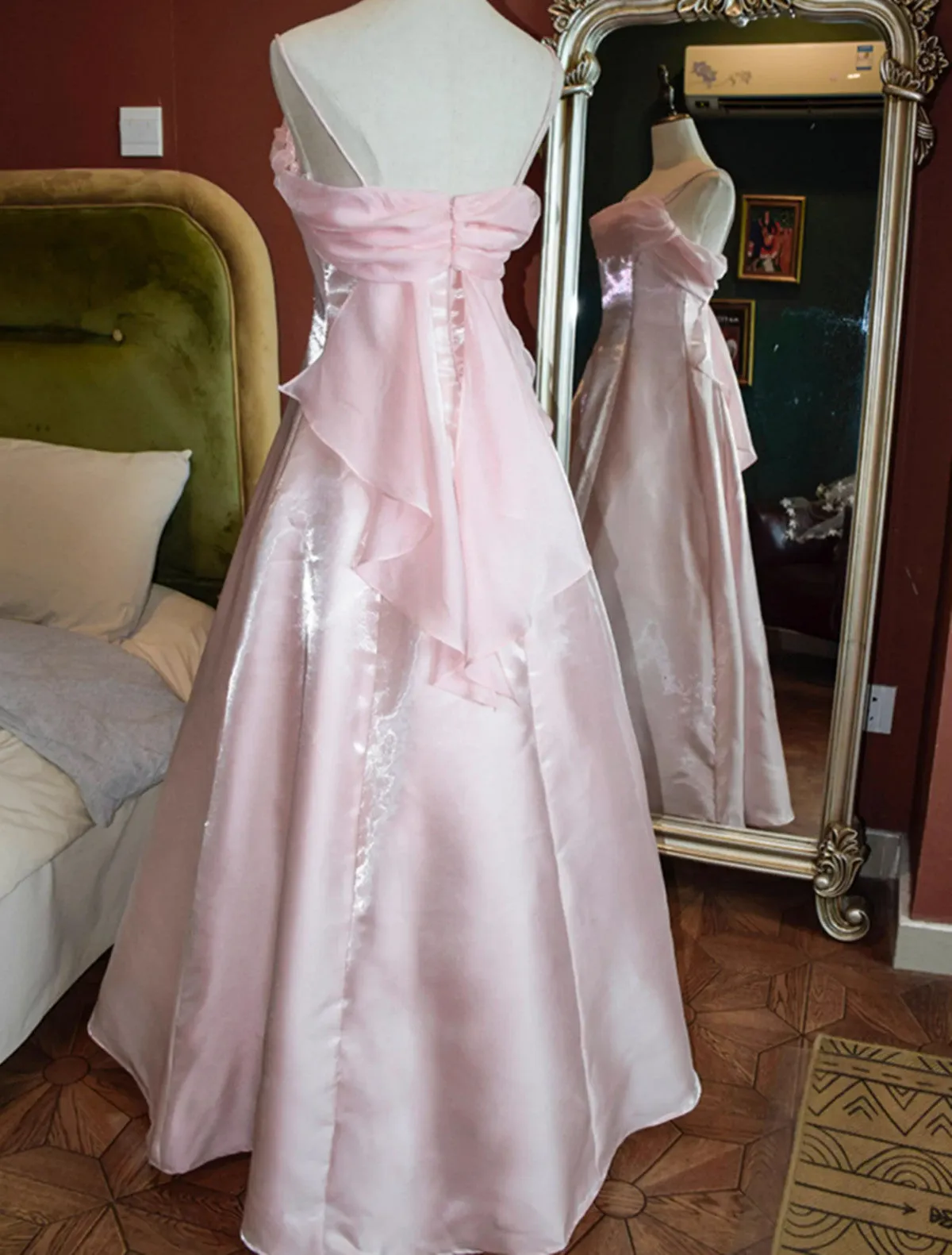 Cute Pink Long Satin Straps Long Party Dress, A-line Satin Prom Dress