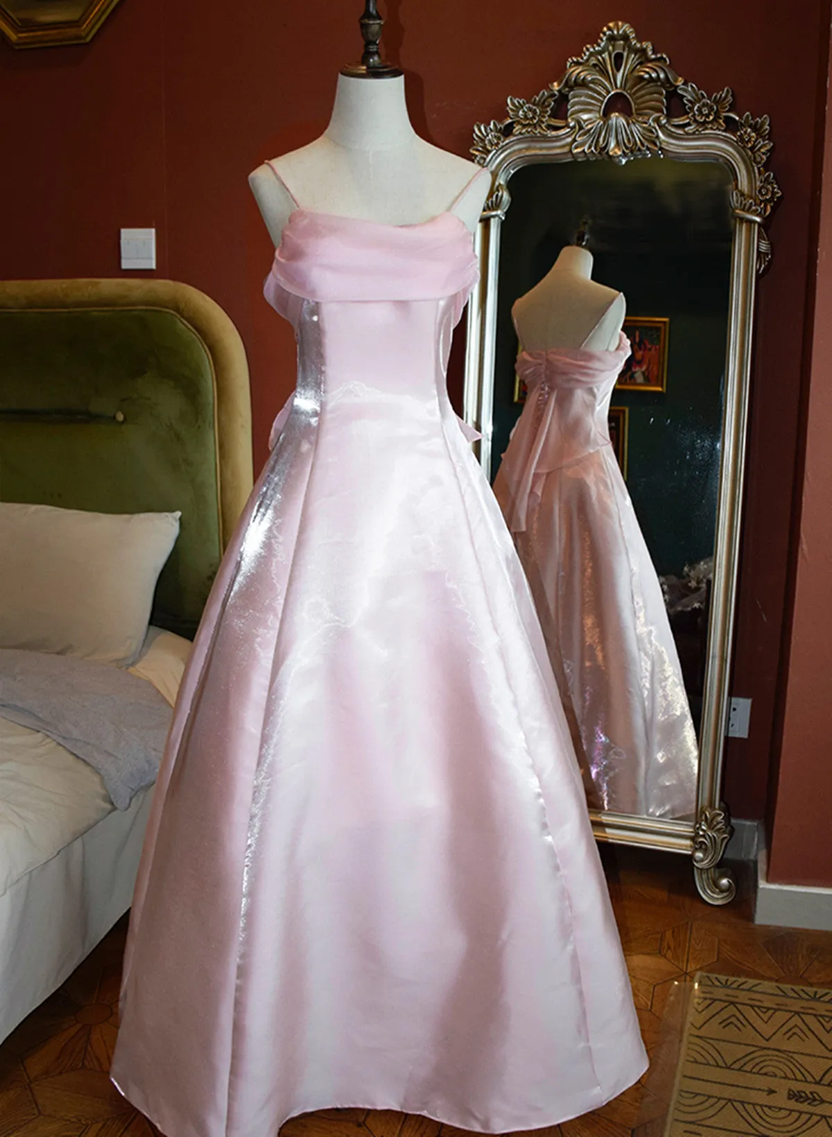Cute Pink Long Satin Straps Long Party Dress, A-line Satin Prom Dress