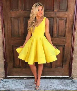 CUTE YELLOW V NECK SHORT PROM DRESS, YELLOW HOMECOMING DRESS