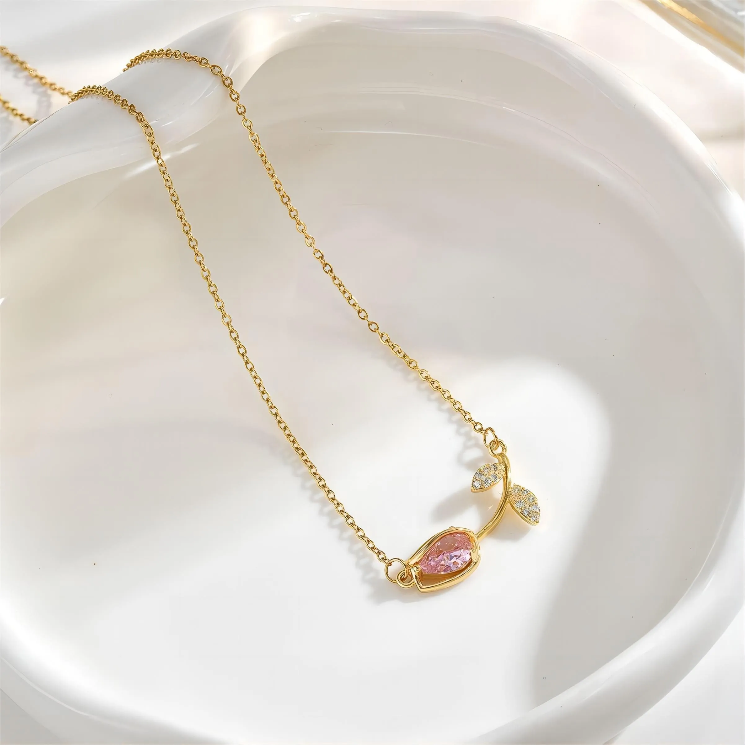 Dainty Pink Crystal Tulip Chain Necklace