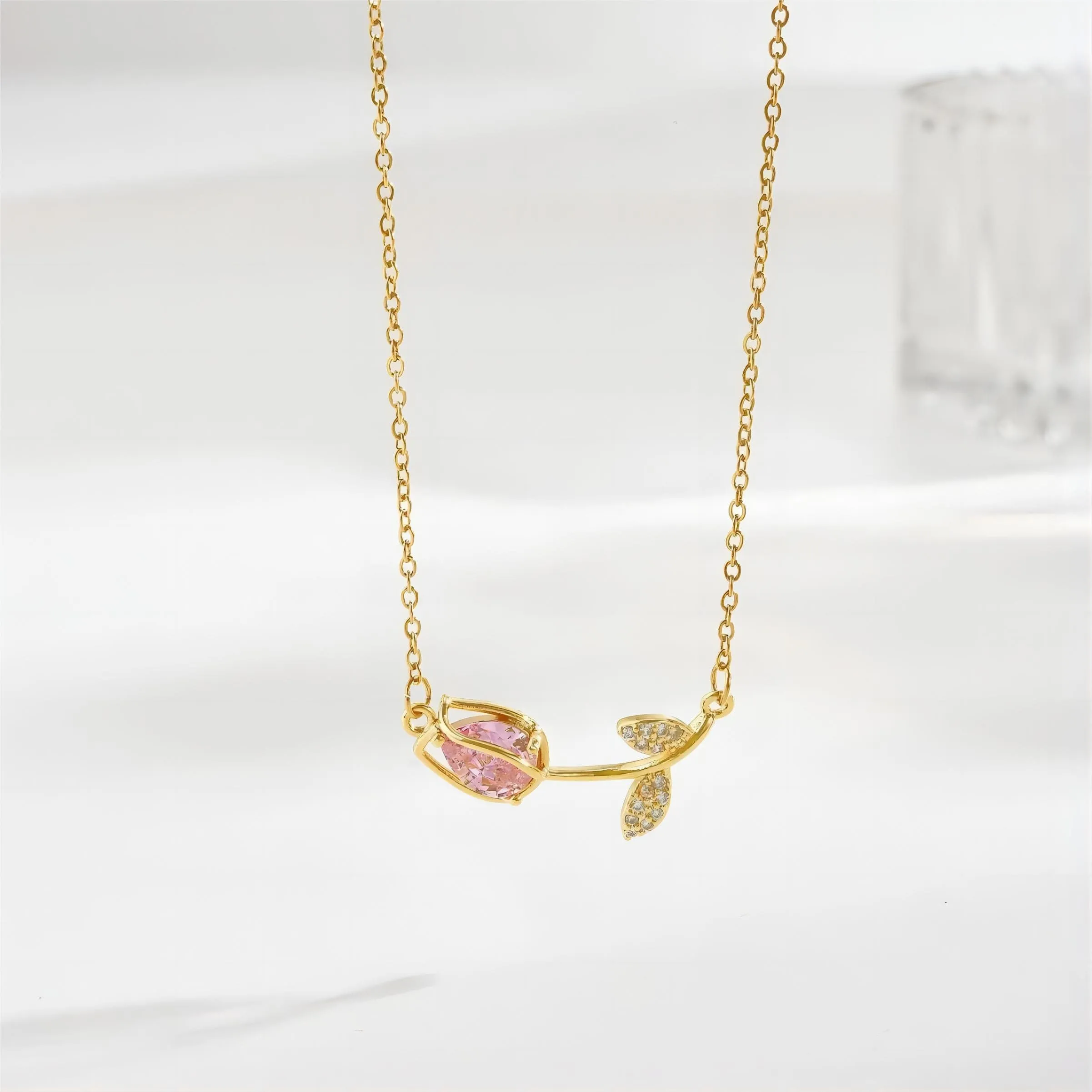 Dainty Pink Crystal Tulip Chain Necklace