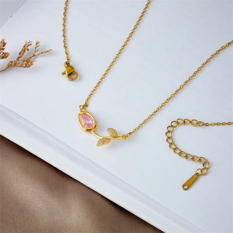 Dainty Pink Crystal Tulip Chain Necklace