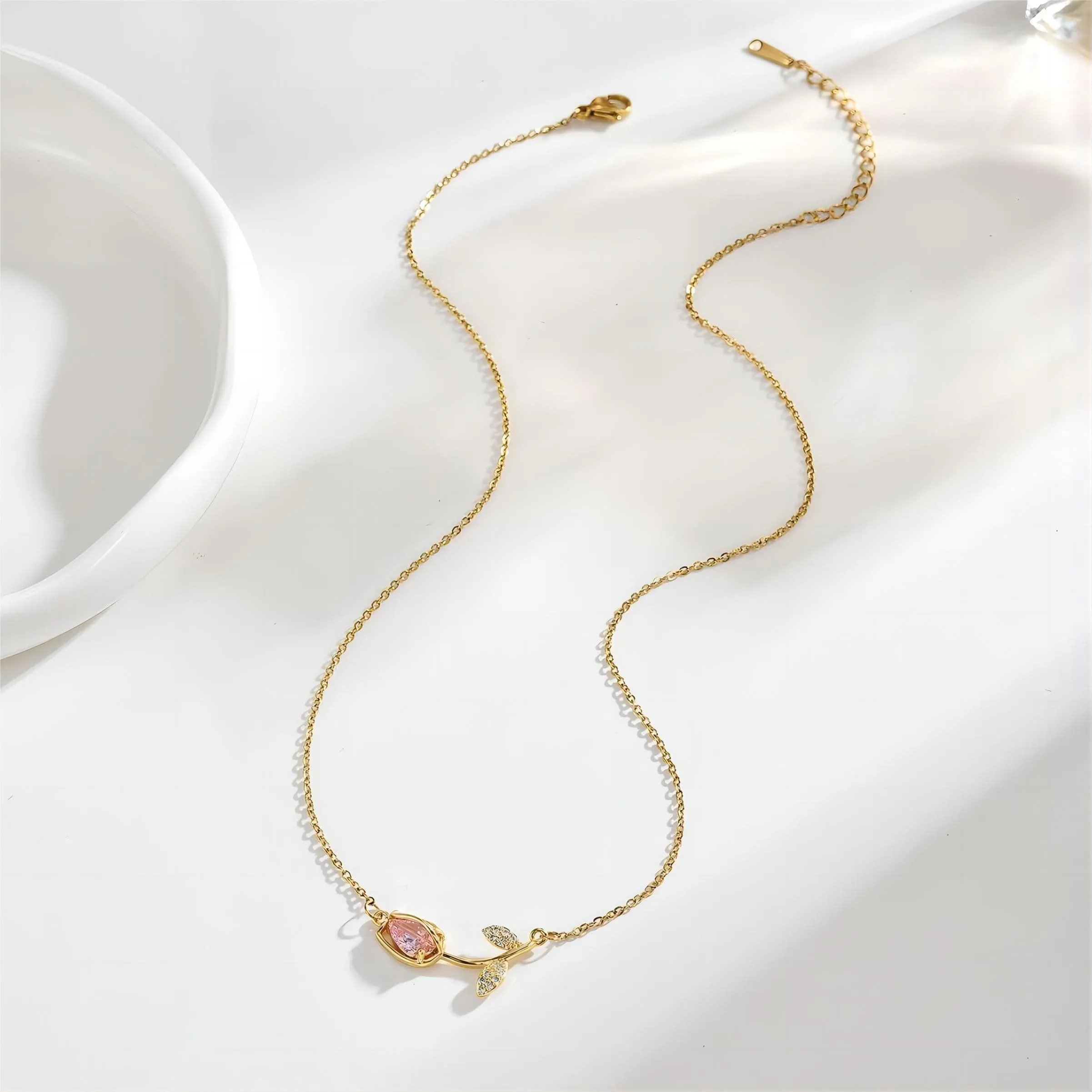 Dainty Pink Crystal Tulip Chain Necklace