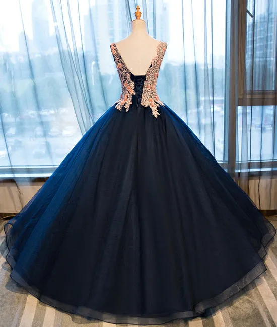 Dark blue v neck satin lace long prom gown ,dark blue evening dress