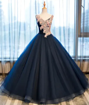 Dark blue v neck satin lace long prom gown ,dark blue evening dress