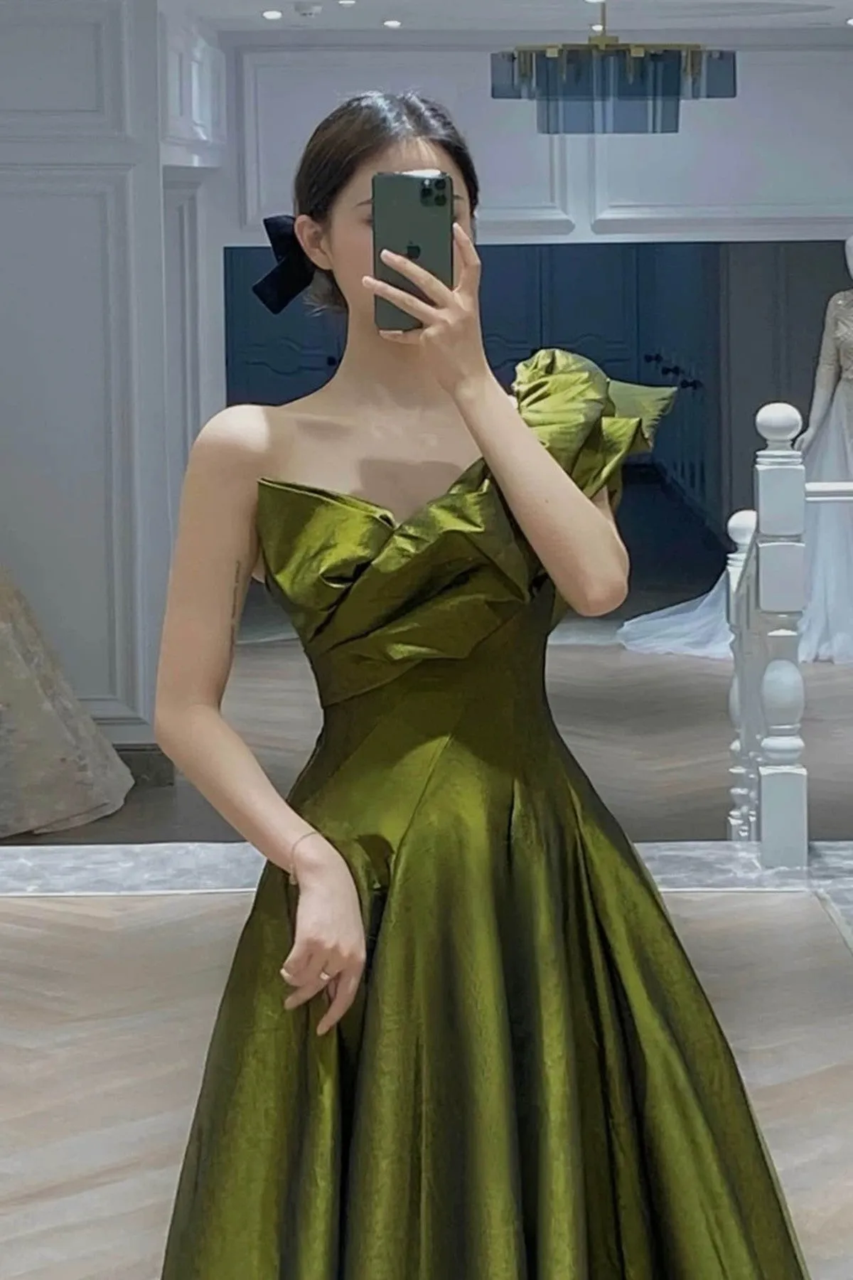 Dark Green One Shoulder Satin Floor Length Party Dress, Dark Green Prom Dress
