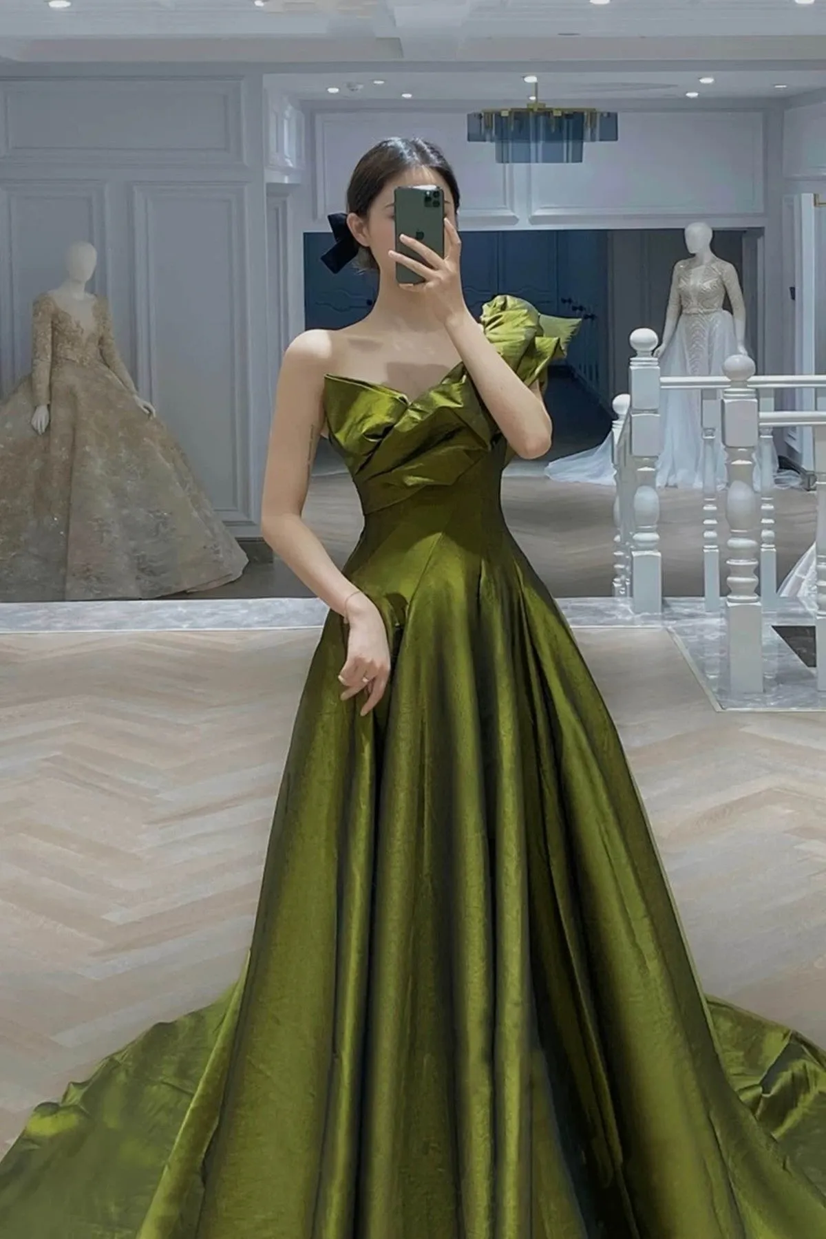 Dark Green One Shoulder Satin Floor Length Party Dress, Dark Green Prom Dress