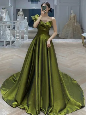Dark Green One Shoulder Satin Floor Length Party Dress, Dark Green Prom Dress