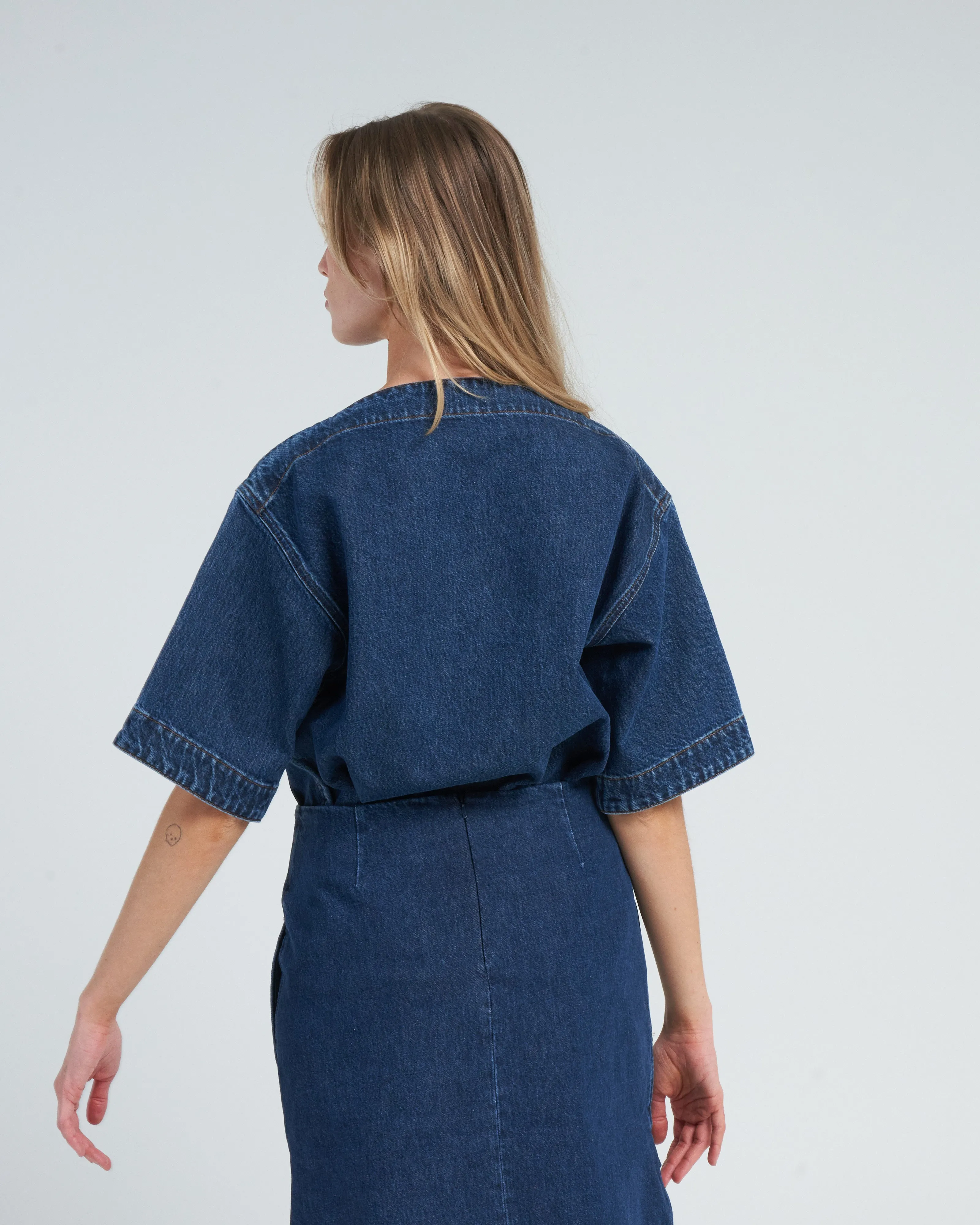 dart neck denim top - dark blue