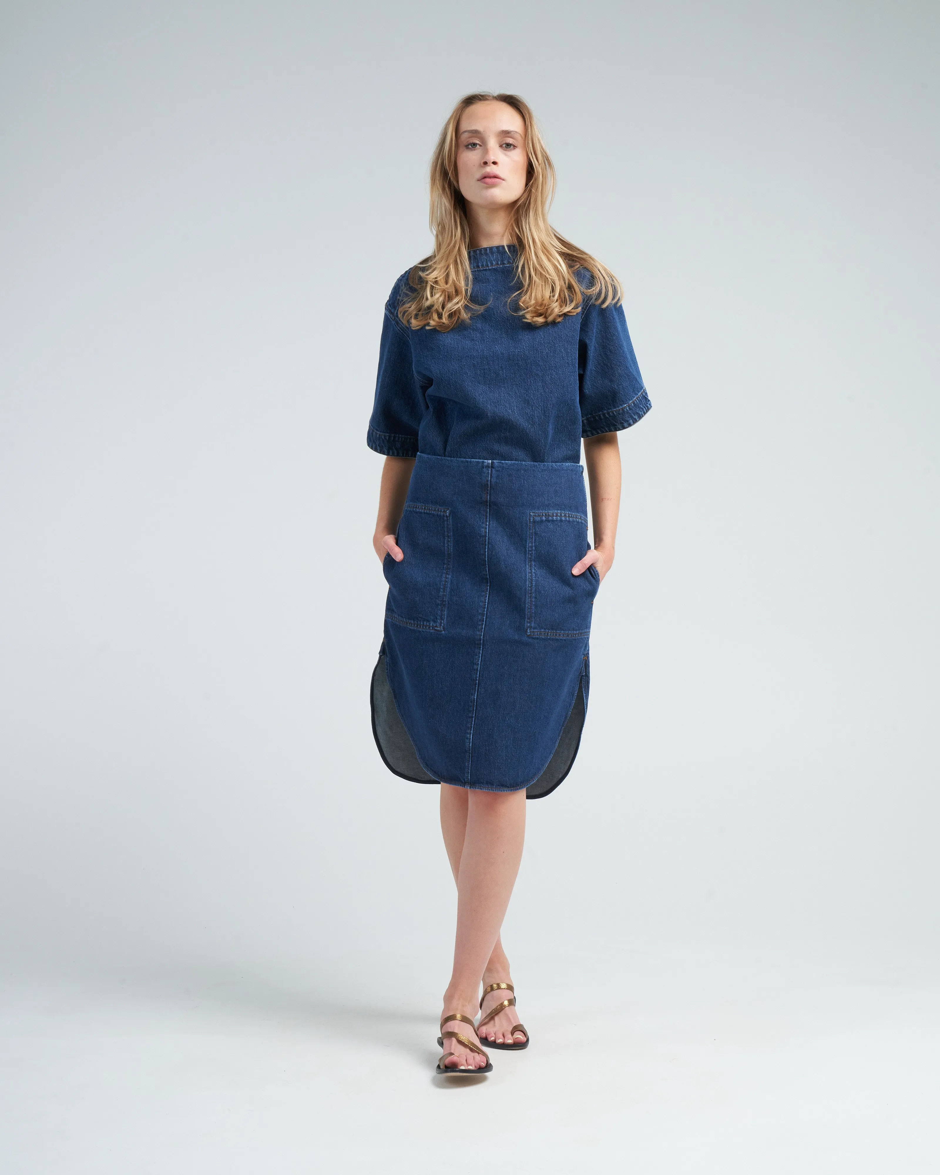 dart neck denim top - dark blue
