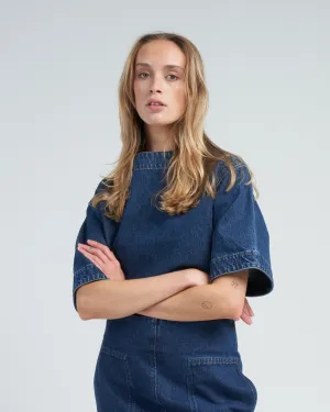 dart neck denim top - dark blue