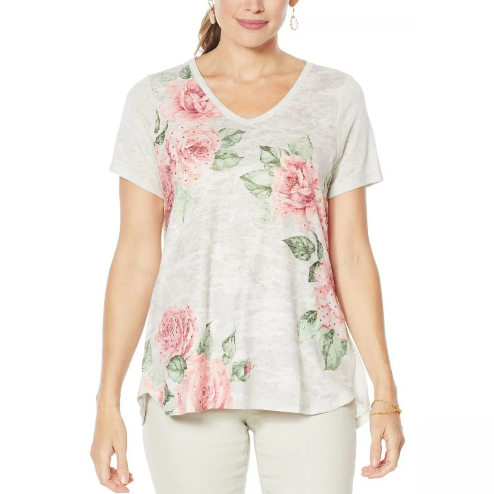 DG2 by Diane Gilman Burnout Printed And Embellished Top Khaki Camo Small