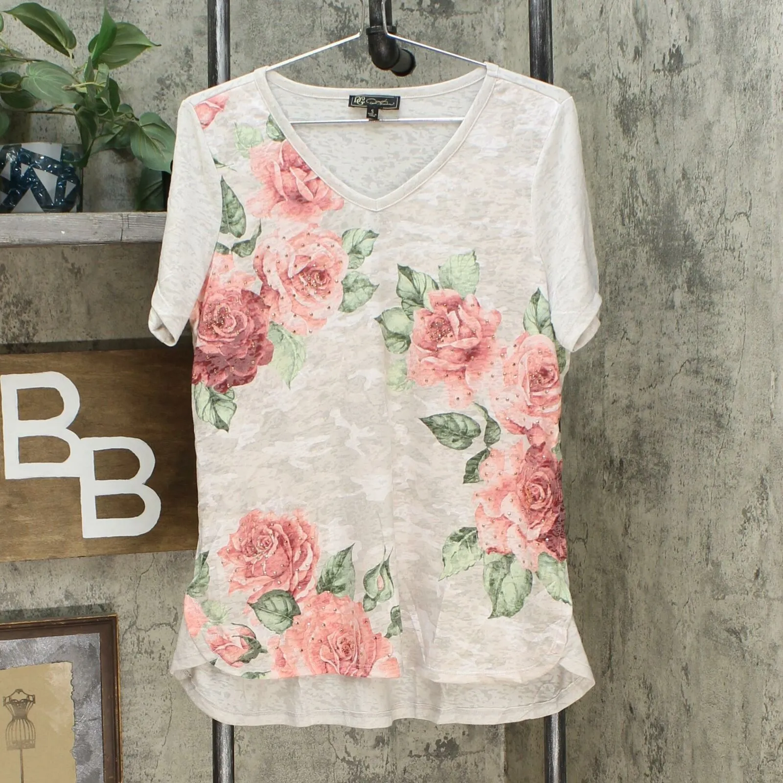 DG2 by Diane Gilman Burnout Printed And Embellished Top Khaki Camo Small