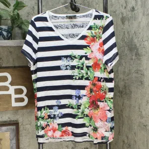 DG2 by Diane Gilman Burnout Printed And Embellished Top Navy Stripe Medium