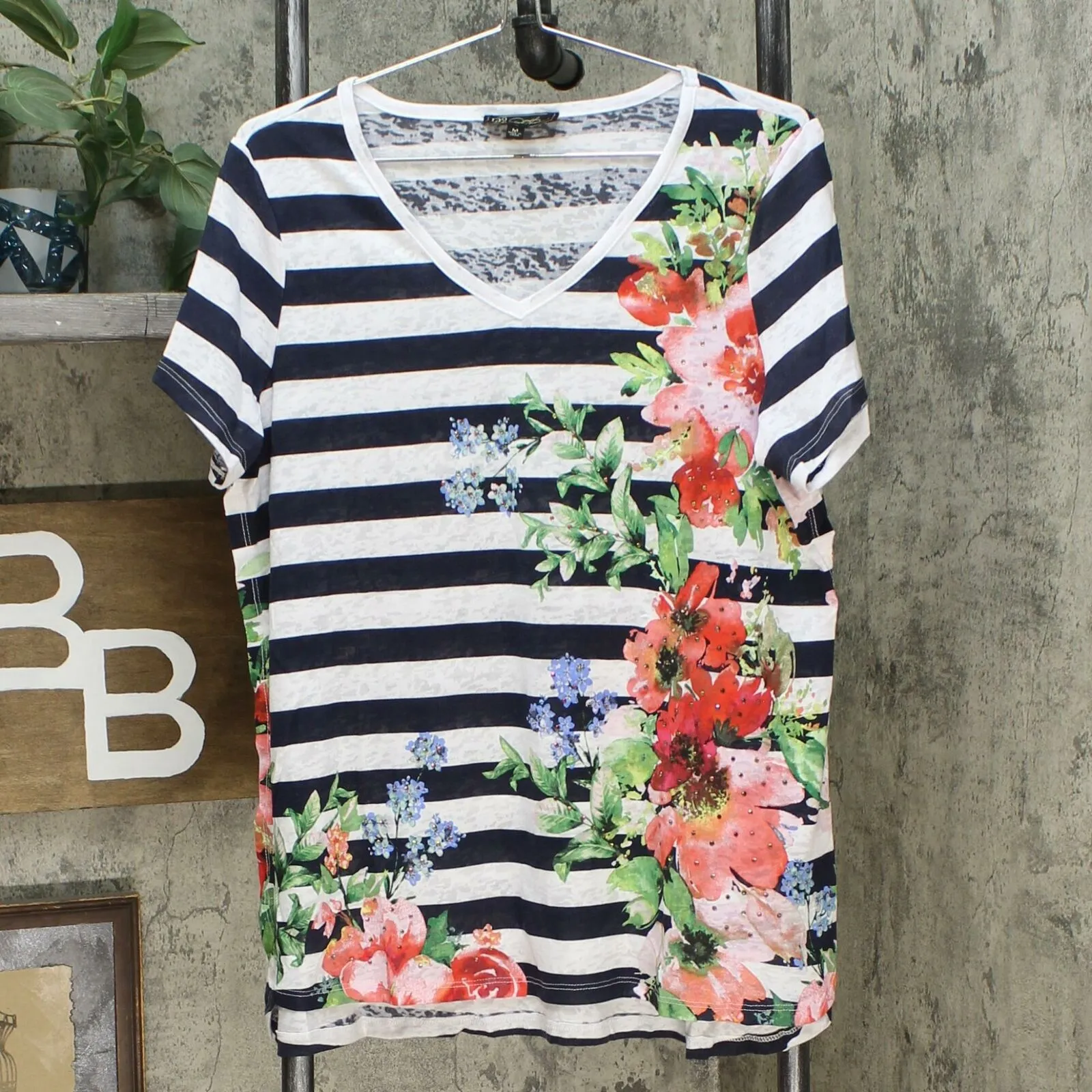 DG2 by Diane Gilman Burnout Printed And Embellished Top Navy Stripe Medium
