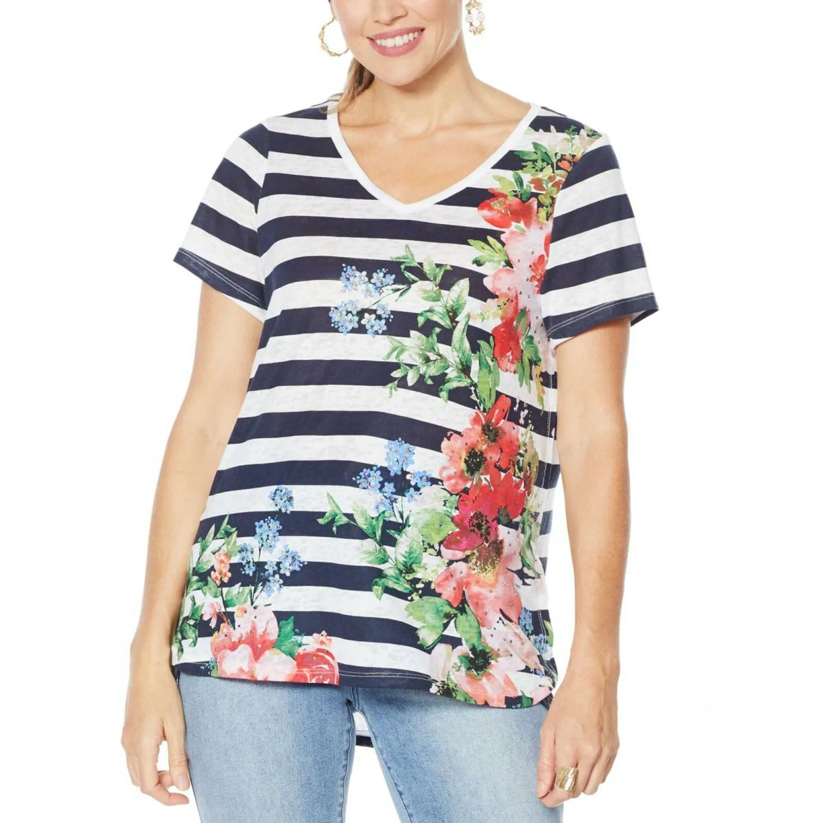 DG2 by Diane Gilman Burnout Printed And Embellished Top Navy Stripe Medium