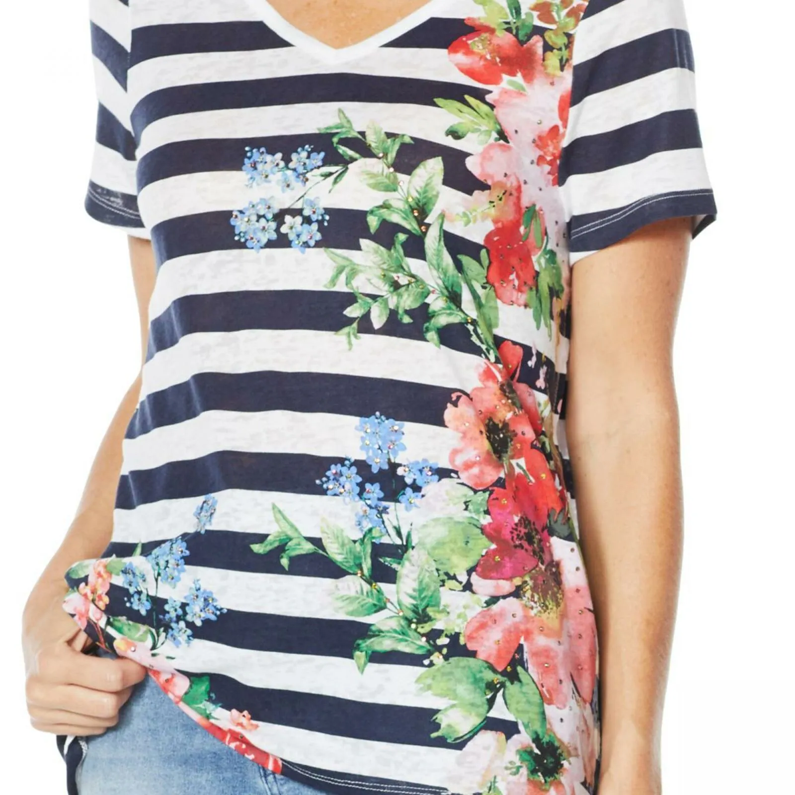 DG2 by Diane Gilman Burnout Printed And Embellished Top Navy Stripe Medium
