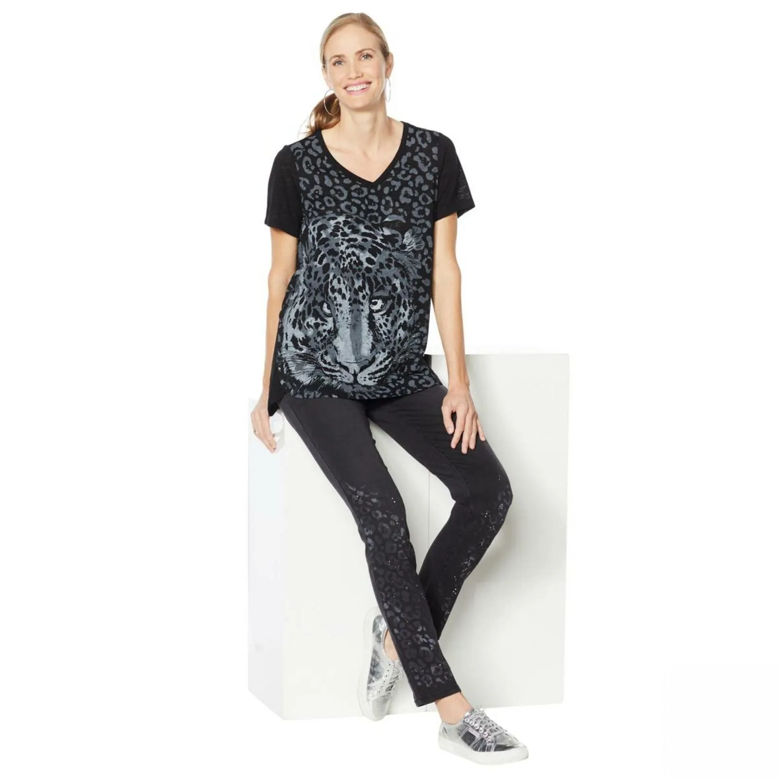 DG2 by Diane Gilman Burnout Printed Embellished Top Black Animal Small