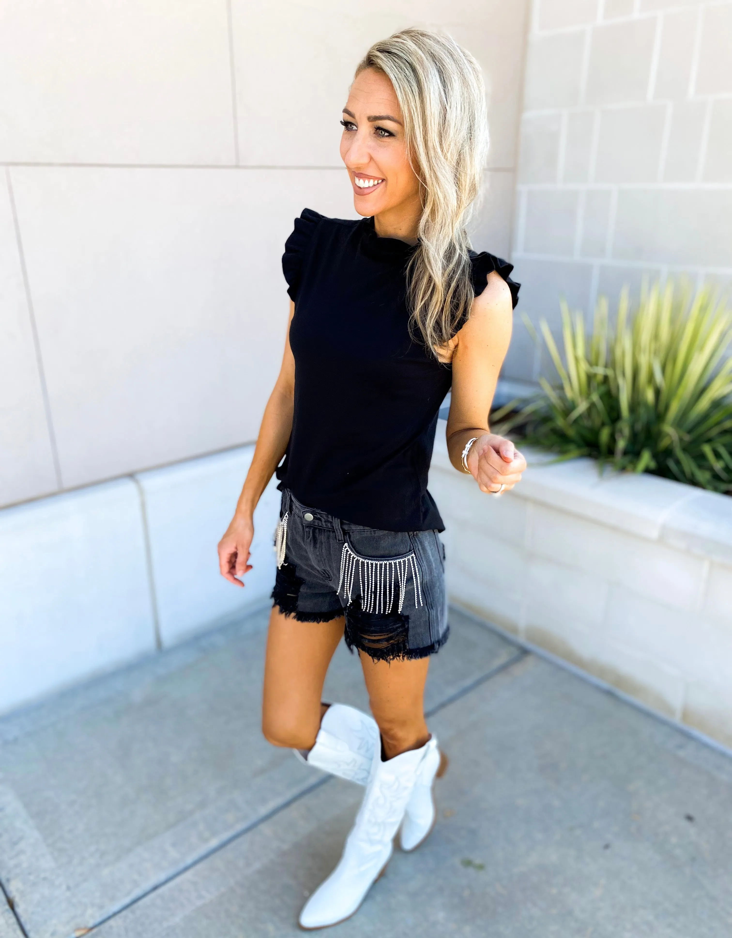 Dolly Rhinestone Fringe High Rise Distressed Jean Shorts (Black)