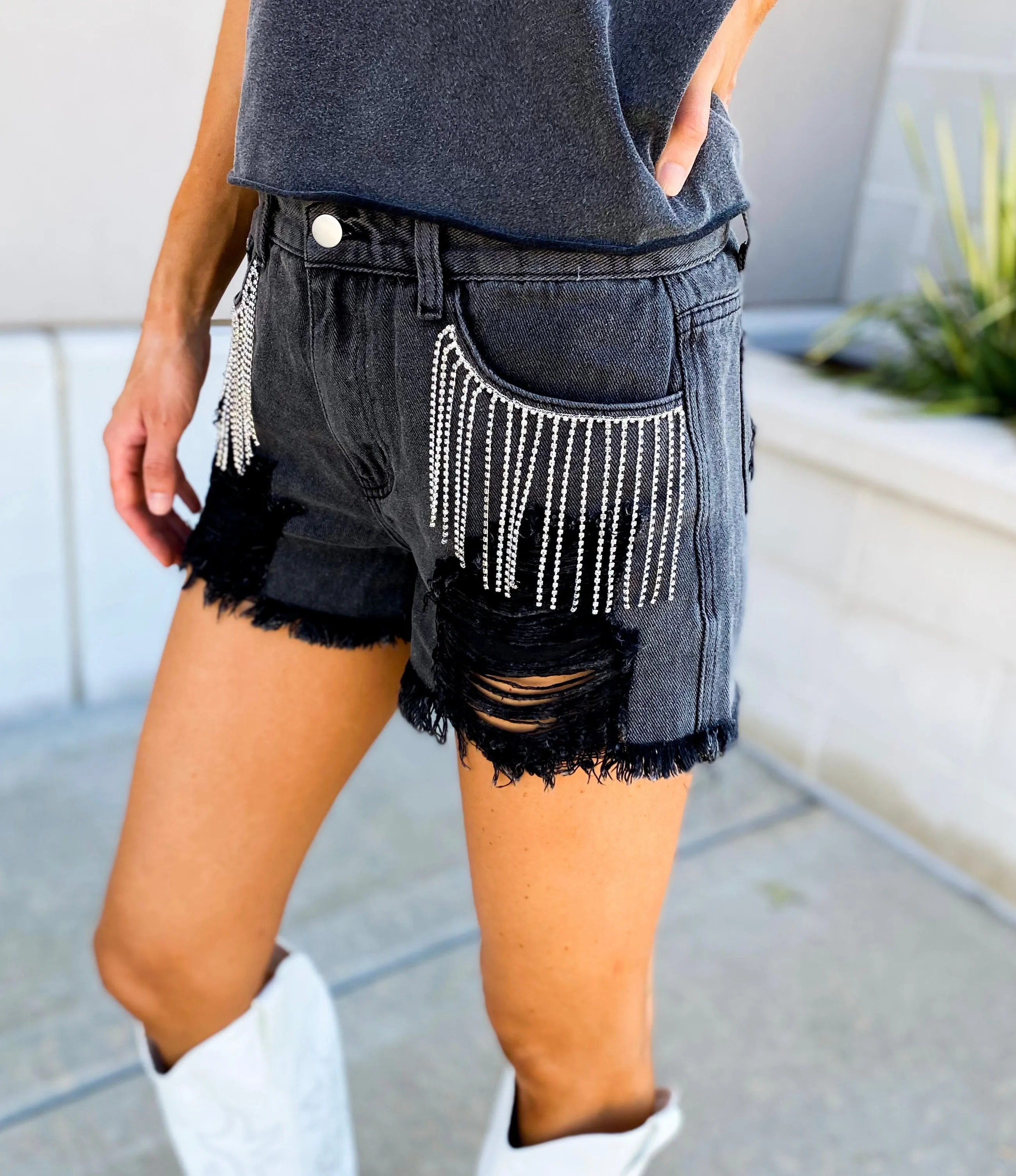 Dolly Rhinestone Fringe High Rise Distressed Jean Shorts (Black)